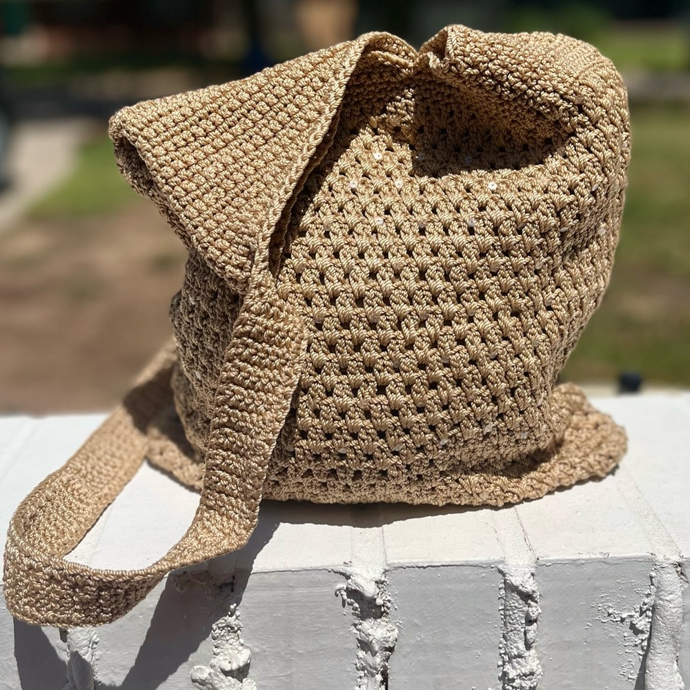 Y2K 2000s The Sak Tan Crochet Tote Bag With Sequins Shoulder Bag Boho Hippie